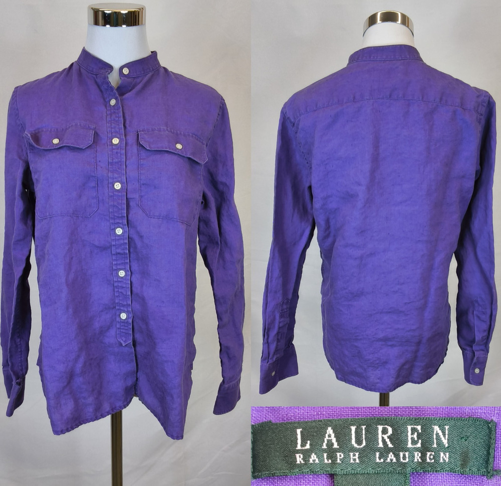 Lauren Ralph Lauren 100% Linen Collarless Purple Button Up Shirt Womens M #W5562